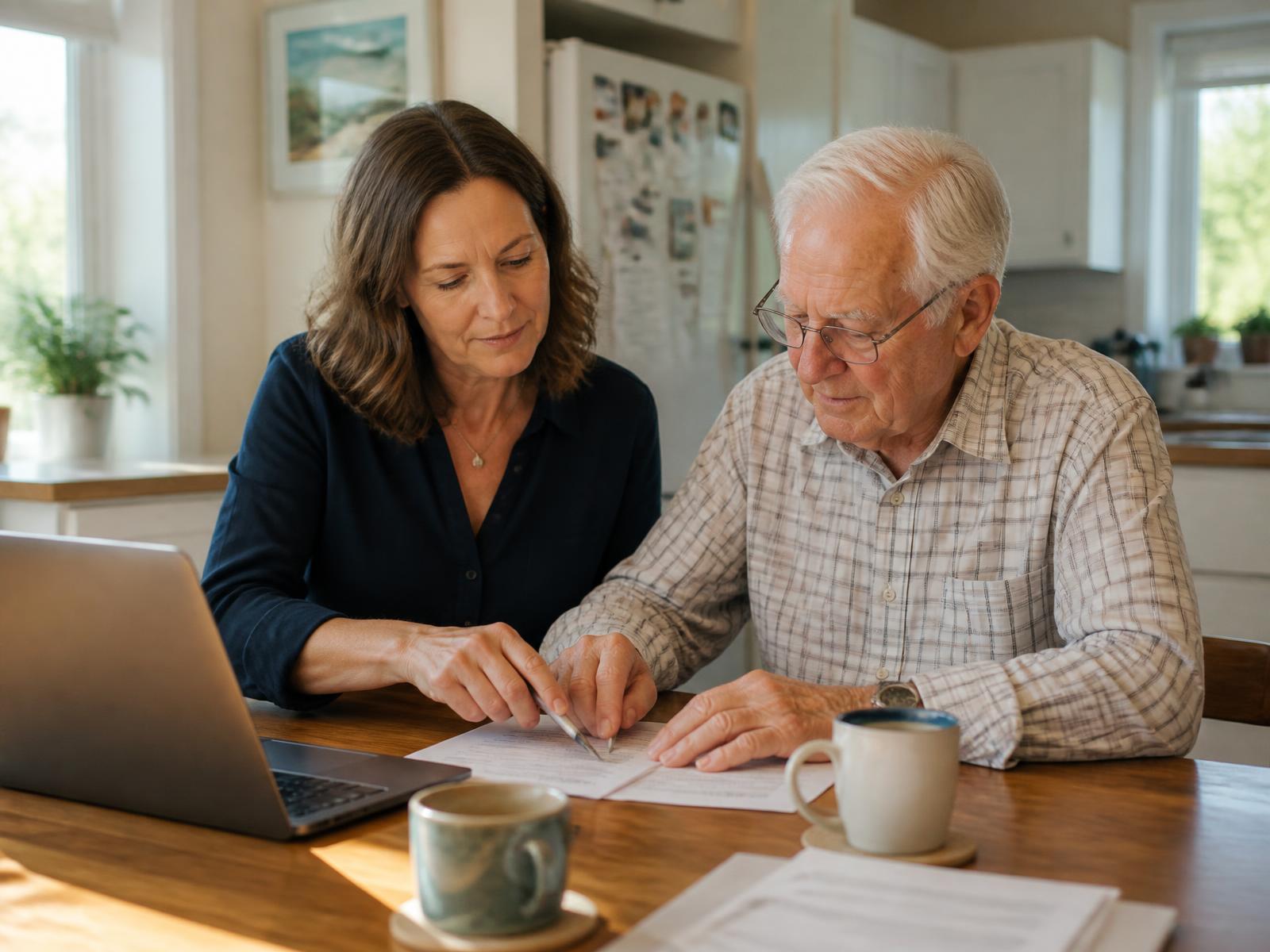 An adult daughter sitting with her elderly father at the kitchen table, going through aged-care paperwork together